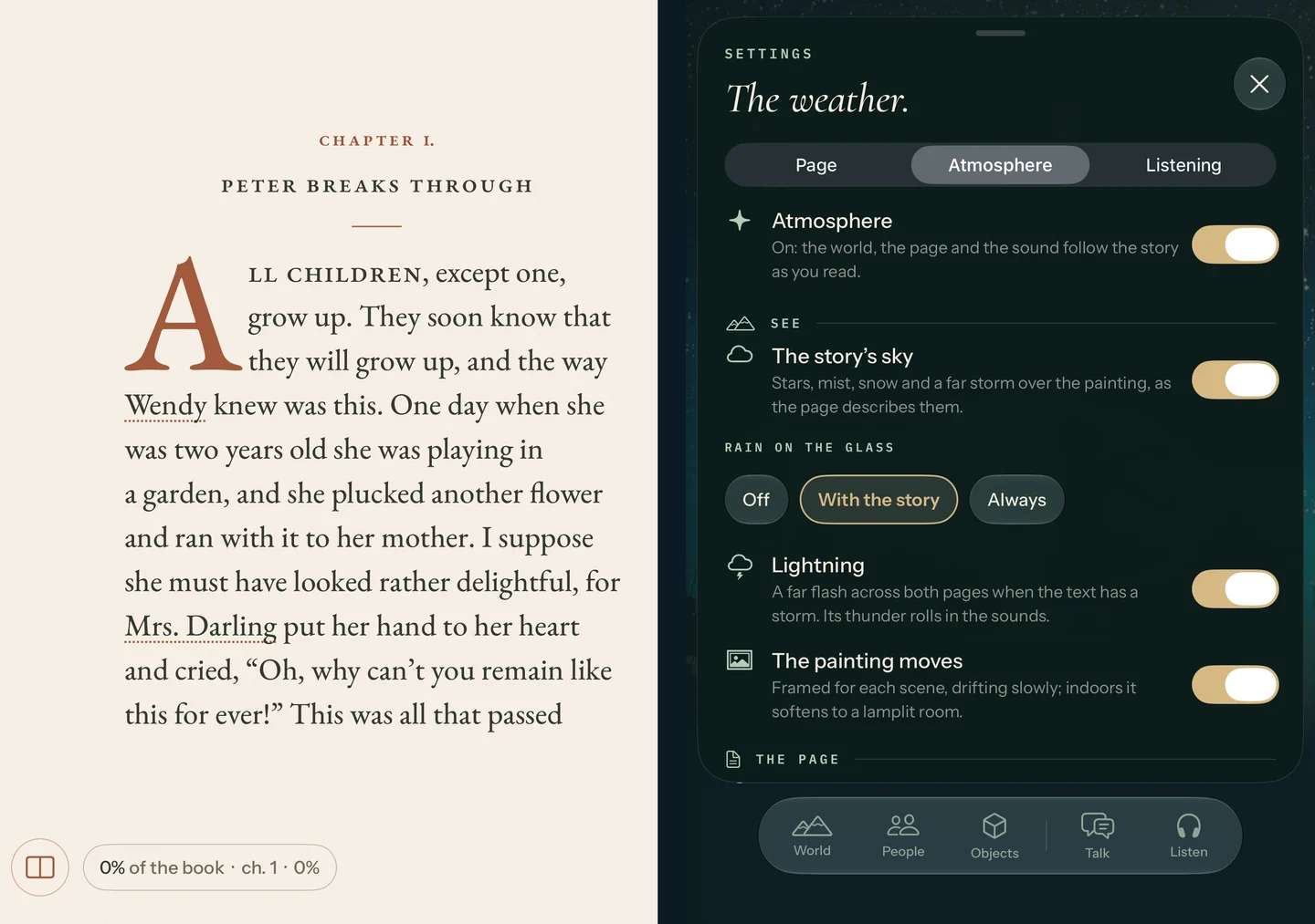 The app’s Atmosphere settings, with the story’s sky, rain, lightning, and painting options.