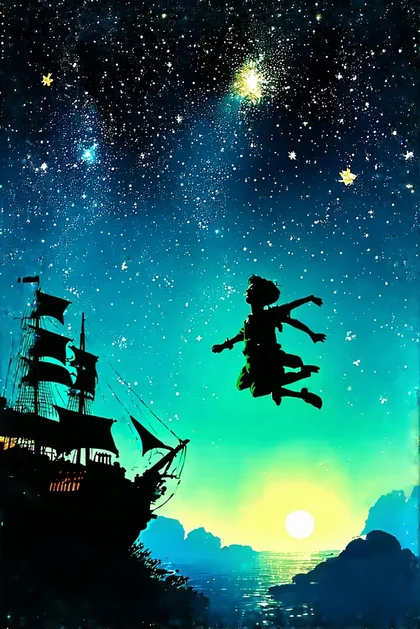 Peter Pan cover: Peter flying above a ship beneath the stars.