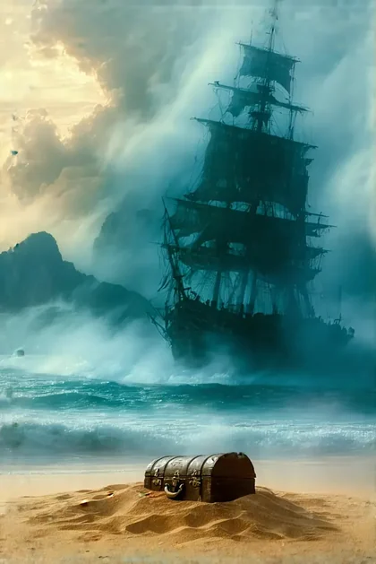 Treasure Island cover: a sailing ship in a storm and a chest on the sand.
