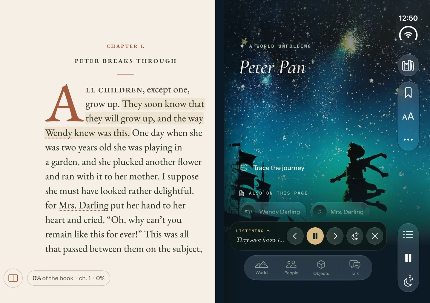 Peter Pan read aloud, with passage highlighting and listening controls.